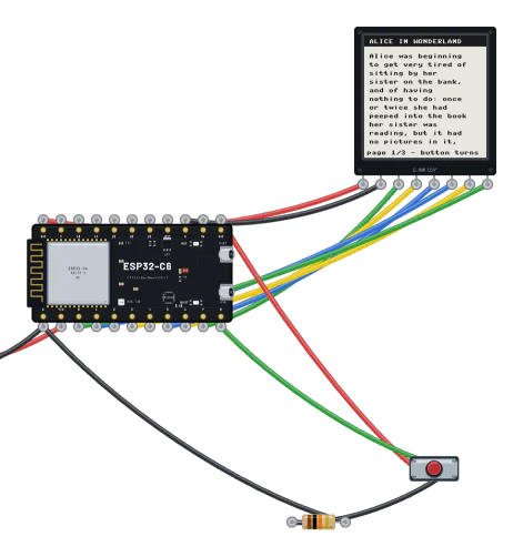 An ESP32-C6 driving an e-paper display that shows a page of Alice in Wonderland.