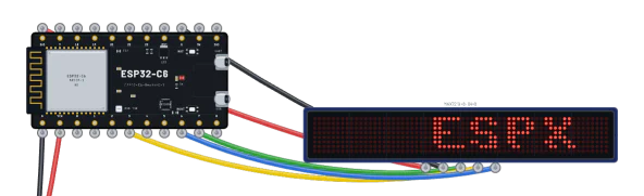 An ESP32-C6 wired to a long red LED matrix scrolling a stock symbol.